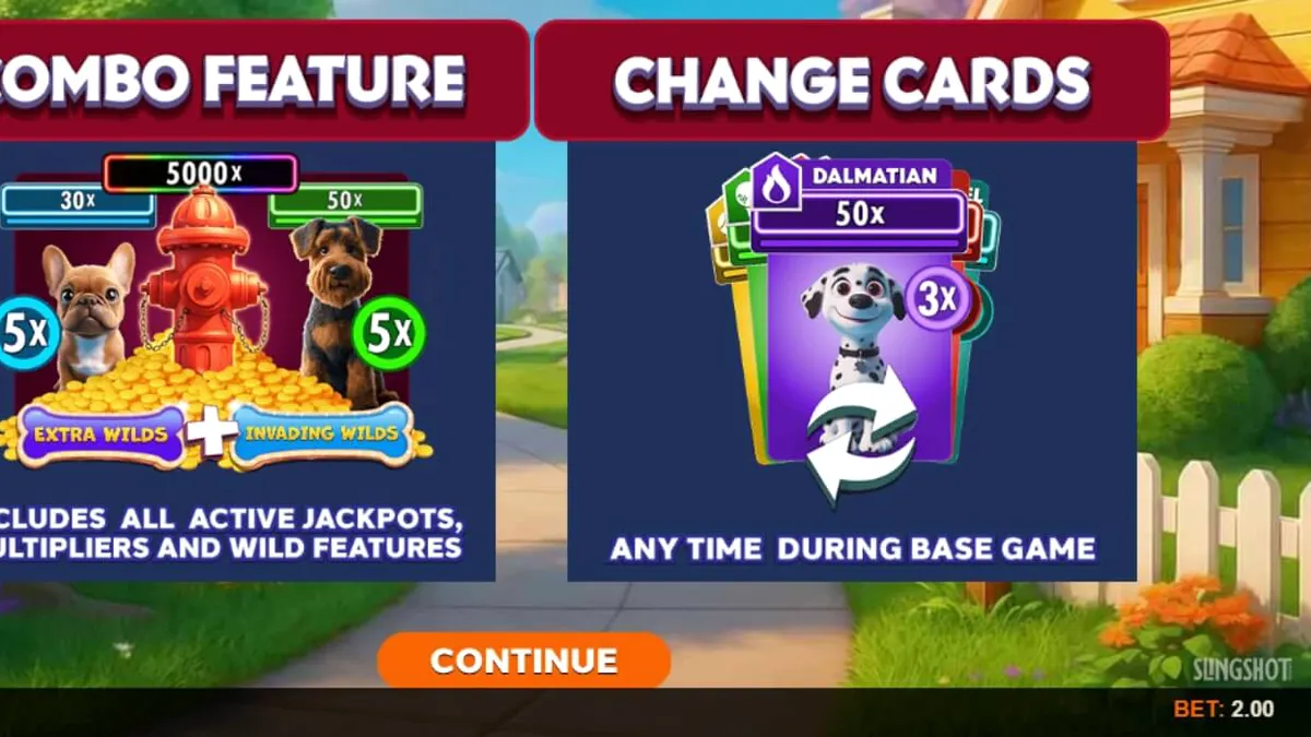 Tampilan visual slot Paw Pack Assembl’Em dengan karakter anjing kartun yang ceria